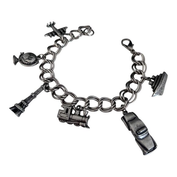 New Travel Charm Bracelet Globe, Eiffel Tower, Plane, Train Pewter Tone 8T - Picture 1 of 5